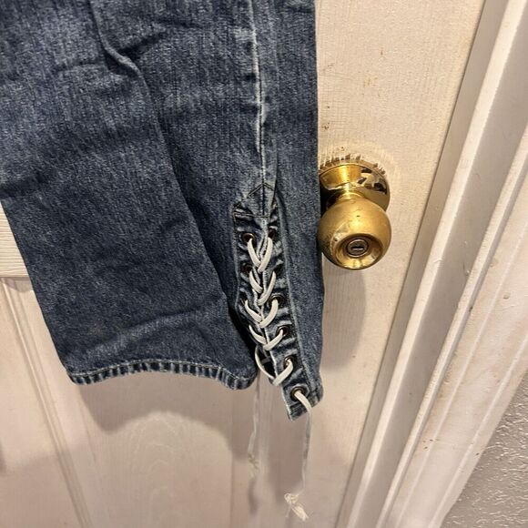 Vintage Unionbay Jeans Blue Flare Low Rise Lace Up‎ Tie Hems Y2K Size 5 Grunge - Picture 3 of 10